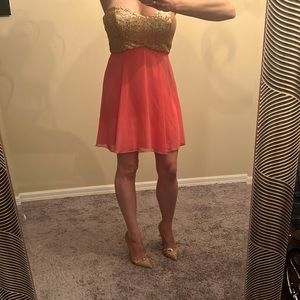 B Darlin strapless gold sequin bust dress